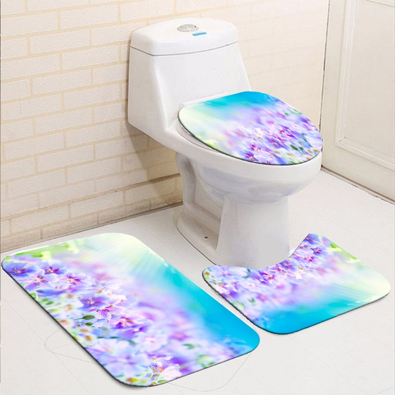 Blooming Flowers Rose Butterfly Shower Curtain Set Waterproof Bathroom Toilet Seat Cover Bath Non-Slip Mat Rug Carpet Bath Decor