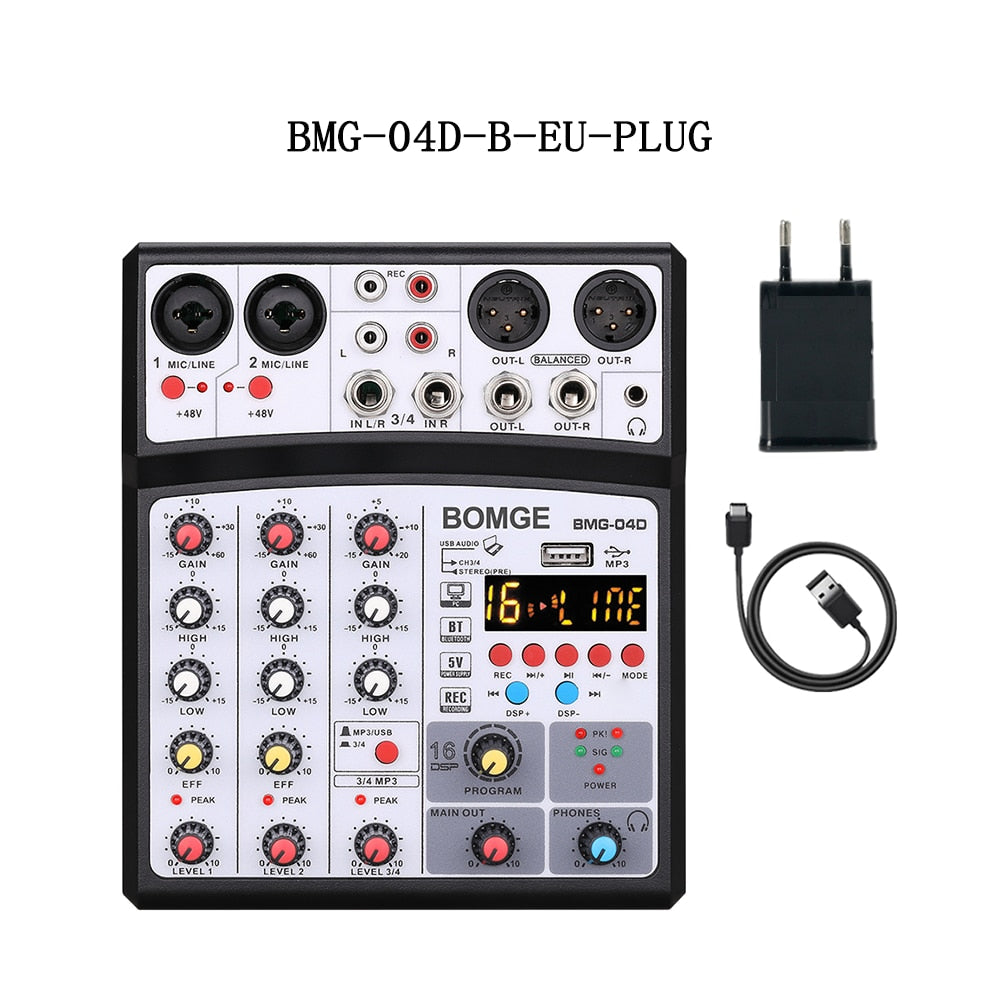 4 Channels Audio Sound Mixer Mixing DJ Console USB with 48V Phantom Power 16 DSP Effects