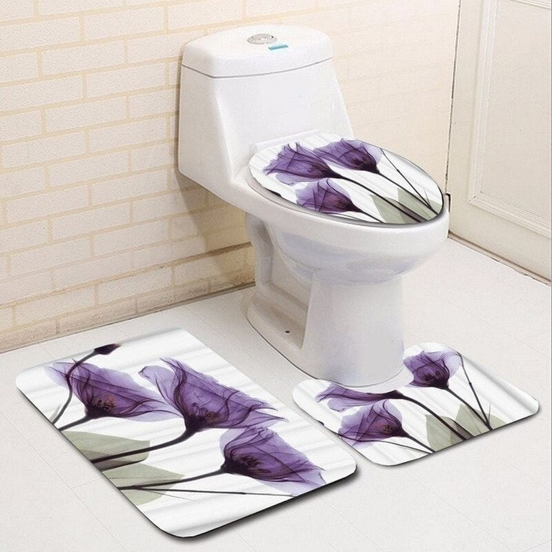 Blooming Flowers Rose Butterfly Shower Curtain Set Waterproof Bathroom Toilet Seat Cover Bath Non-Slip Mat Rug Carpet Bath Decor