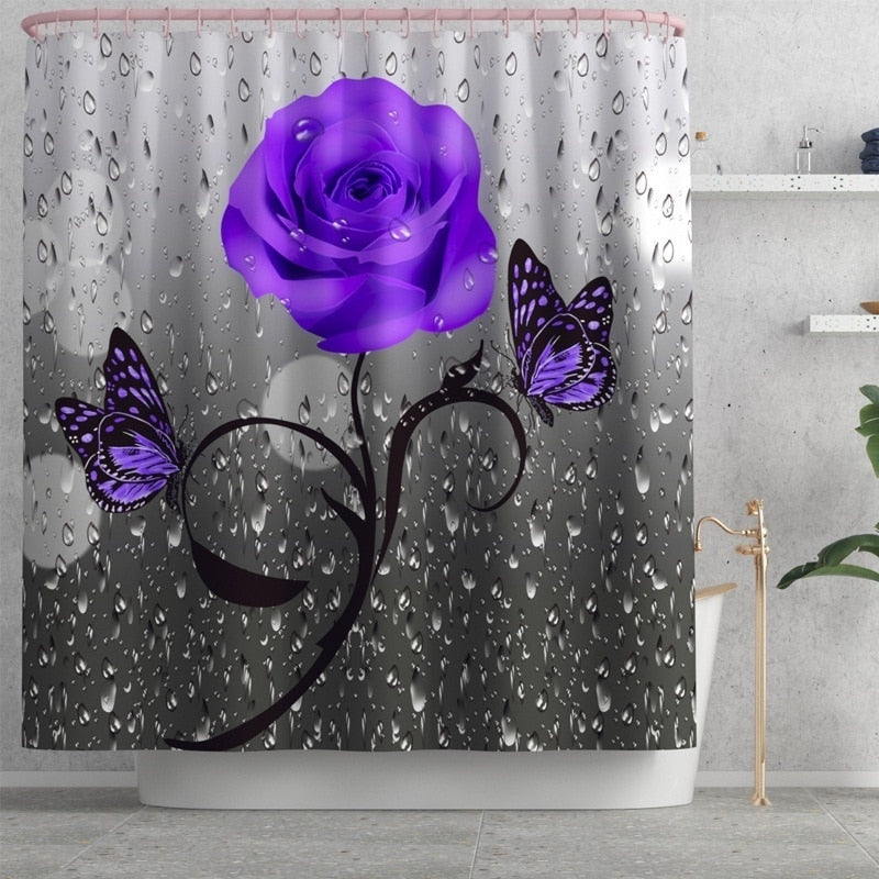 Blooming Flowers Rose Butterfly Shower Curtain Set Waterproof Bathroom Toilet Seat Cover Bath Non-Slip Mat Rug Carpet Bath Decor