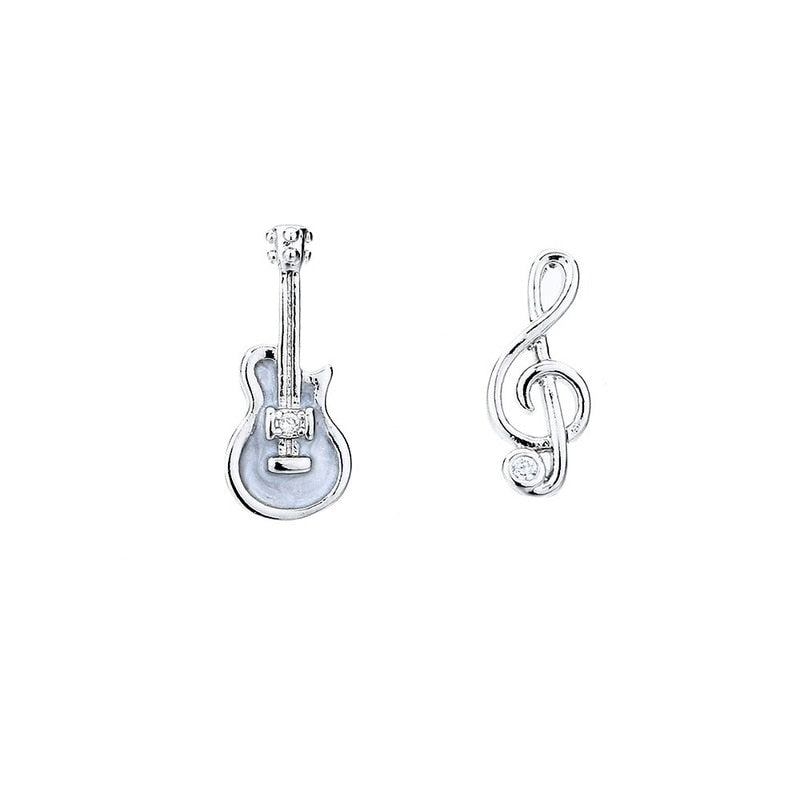 VOQ Silver Color Cute Violin Guitar Note Stud Earrings Zircon Asymmetric Musical Instrument Earrings Women&#39;s Fine Jewelry Gifts