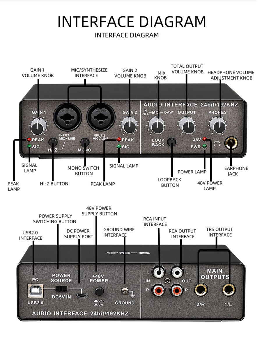 TEYUN Q-24 HIFI Audio Interface Sound Card with Phantom+48v Monitor Electric Guitar Live Recording Studio Singing Audio Board