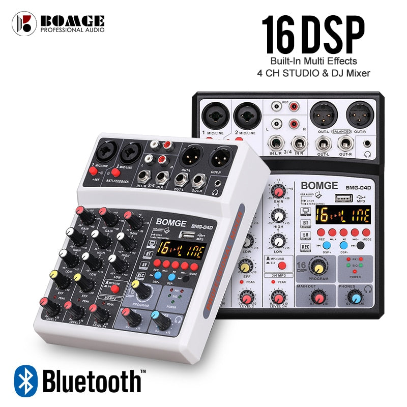 4 Channels Audio Sound Mixer Mixing DJ Console USB with 48V Phantom Power 16 DSP Effects