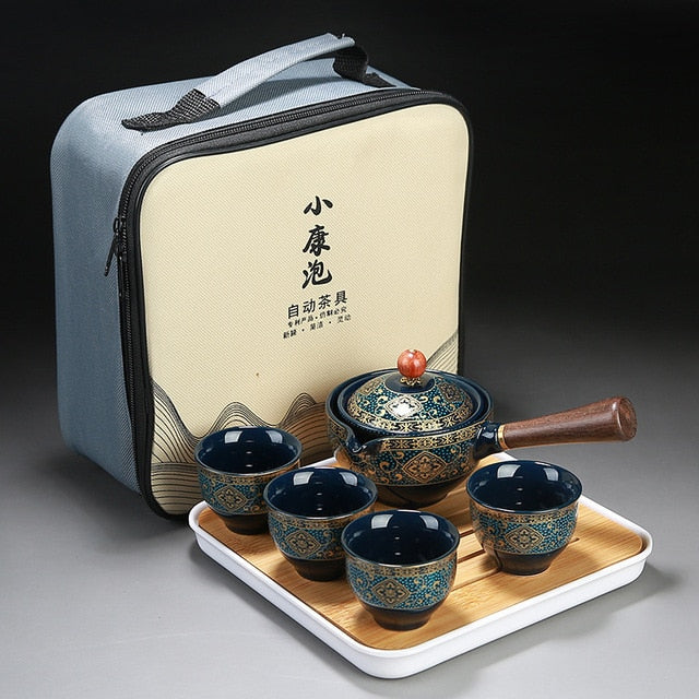 Porcelain Chinese Gongfu Tea Set Portable Teapot Set with 360 Rotation Tea Maker and Infuser Portable All in One Gift Bag