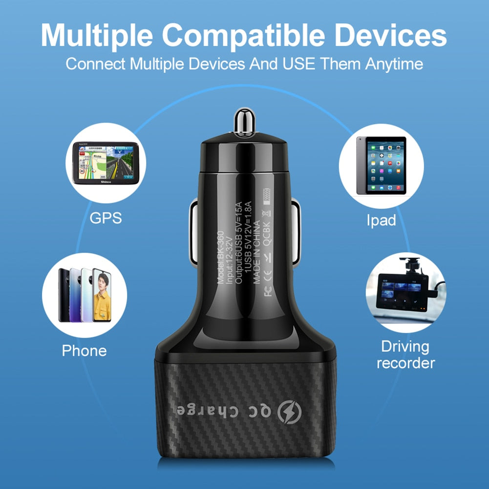 6 USB Ports Car Charger Adapter 5V/3A Fast Charging for iPhone Xiaomi Huawei Samsung Mobile Phones 12V/24V Portable Car Charger