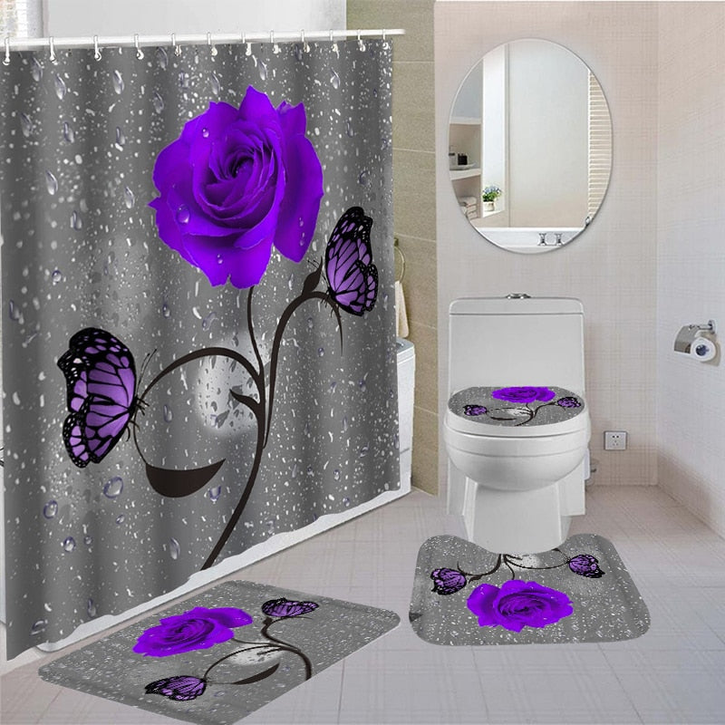 Blooming Flowers Rose Butterfly Shower Curtain Set Waterproof Bathroom Toilet Seat Cover Bath Non-Slip Mat Rug Carpet Bath Decor