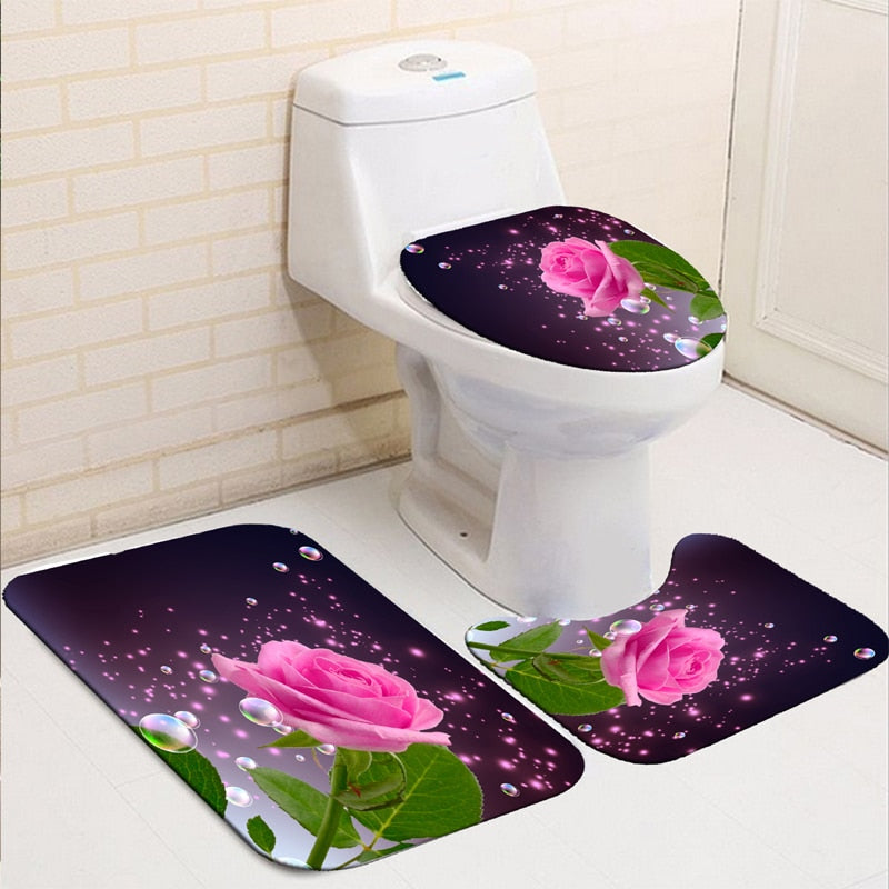 Blooming Flowers Rose Butterfly Shower Curtain Set Waterproof Bathroom Toilet Seat Cover Bath Non-Slip Mat Rug Carpet Bath Decor