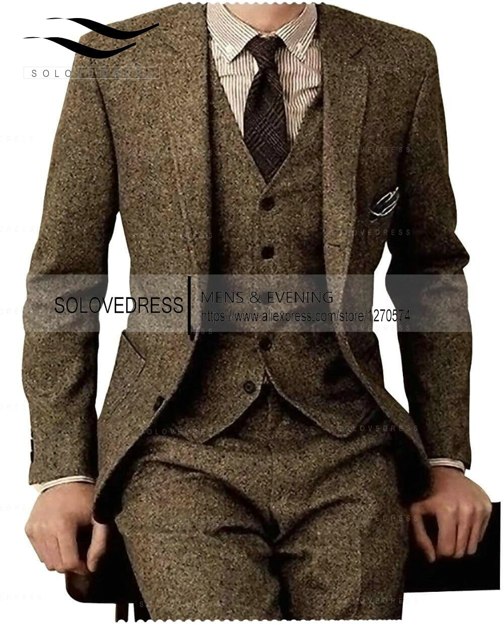 Brown Tweed Men Suits 3 Pieces Formal Business Suit Set Custom Gentle-Mens Groom Wedding Dress Blazer Suits(Jacket+Pants+Vest)