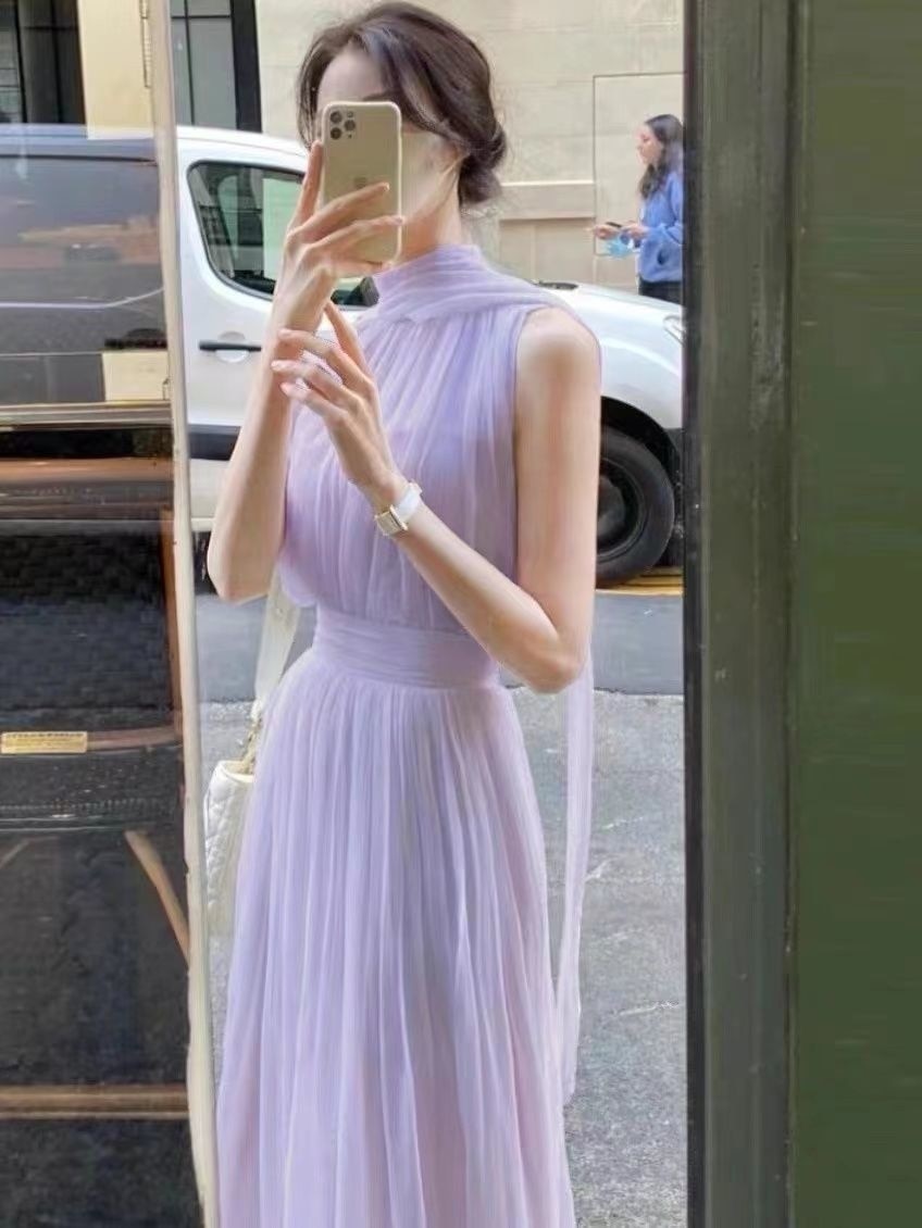 Summer Elegant Women&#39;s Long Dress Gentle High Collar Sleeveless Solid Chiffion Midi Dress Fashion Sexy Korea Sundress Plus Size