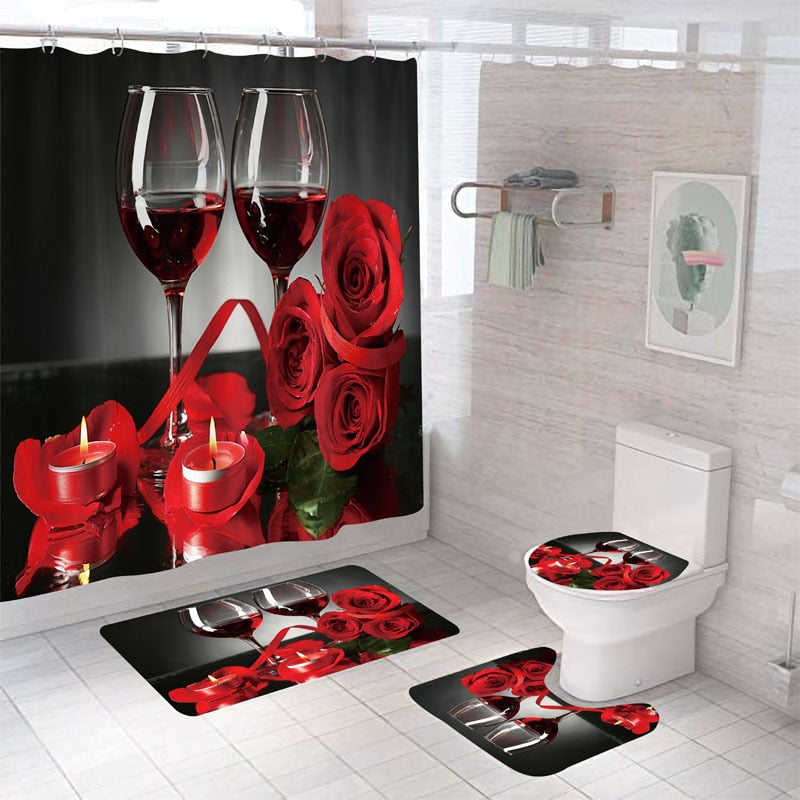 Blooming Flowers Rose Butterfly Shower Curtain Set Waterproof Bathroom Toilet Seat Cover Bath Non-Slip Mat Rug Carpet Bath Decor