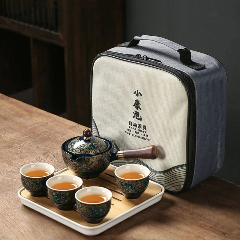 Porcelain Chinese Gongfu Tea Set Portable Teapot Set with 360 Rotation Tea Maker and Infuser Portable All in One Gift Bag