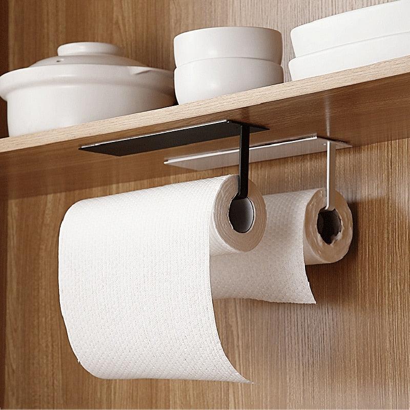 Kitchen Self-Adhesive Roll Rack Paper  Towel Holder Tissue Hanger Rack Nail-Free Cabinet Shelf Sundries Accessories
