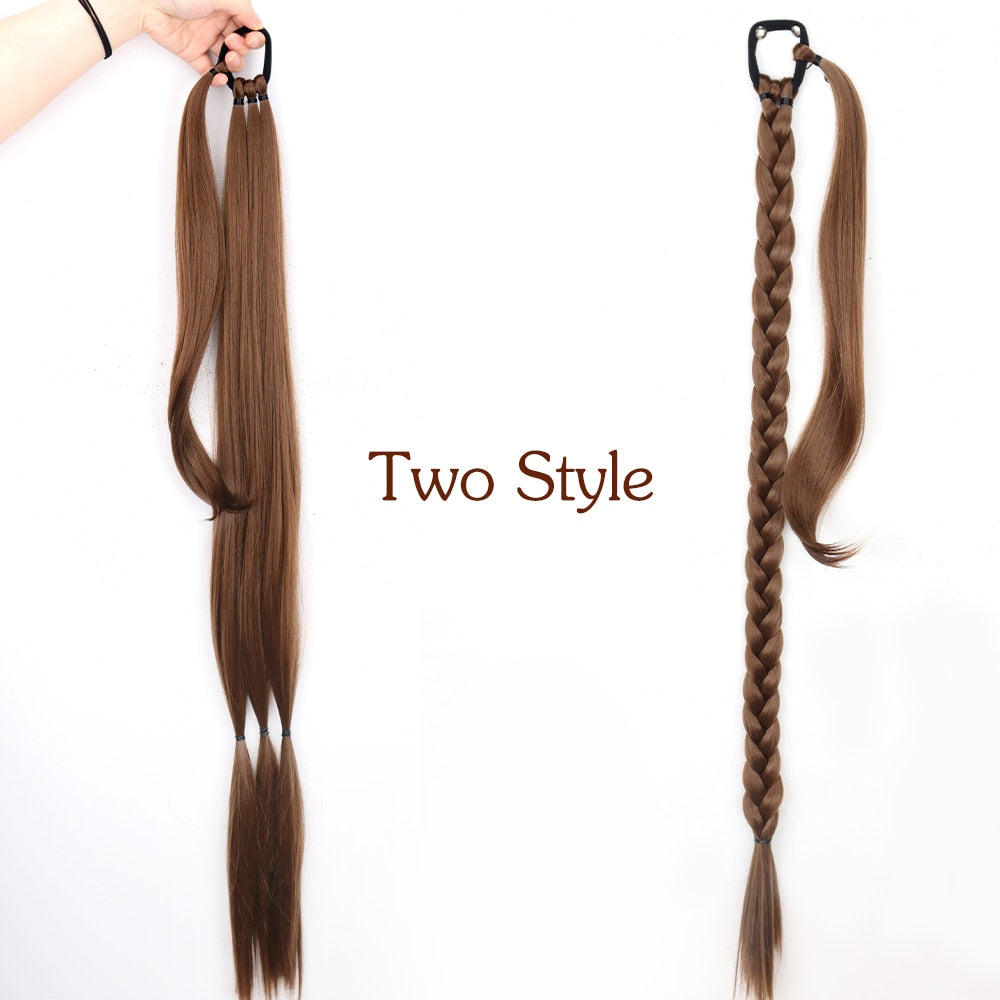34inches Synthetic Long Braided Ponytail Hair Extensions for Women Black Brown Pony Tail with Hair Rope High Temperature Fiber