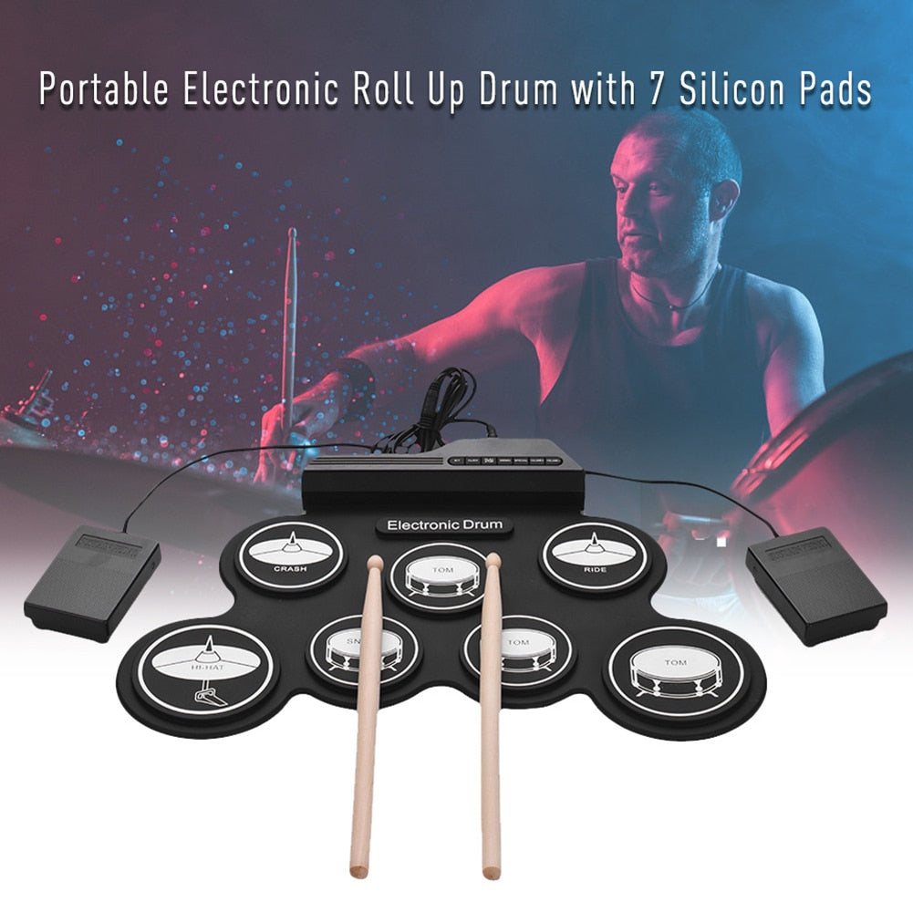 Digital Electronic Drum Set With Drumsticks Foot Pedals 7 Pads USB Portable Roll Up Silicone Drum Kit for Beginners Music Lovers