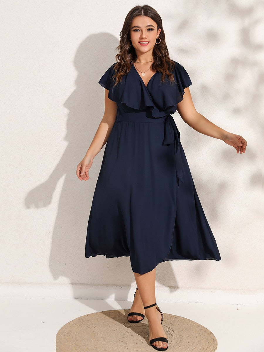 Finjani Party Dresses For Women 2022 Plus Size Summer Midi Dress V-Neck Solid Ruffle Sleeve Belted Wrap Dress