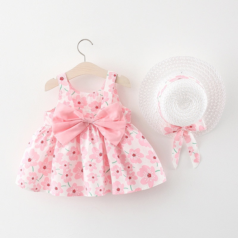2Piece Summer Clothes Baby Girl Beach Dresses Casual Fashion Print Cute Bow Flower Princess Dress+Hat Newborn Clothing Set BC171