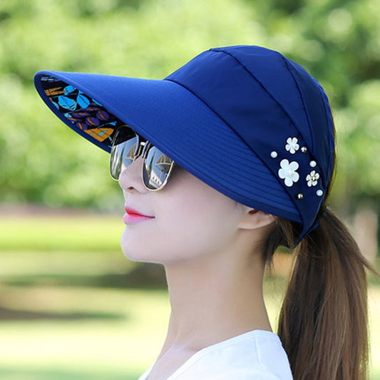Summer Hats for Women Foldable Sun Hat Pearl Flower Visor Suncreen Floppy Cap Female Outdoor Casual Baseball Cap Hat for Woman
