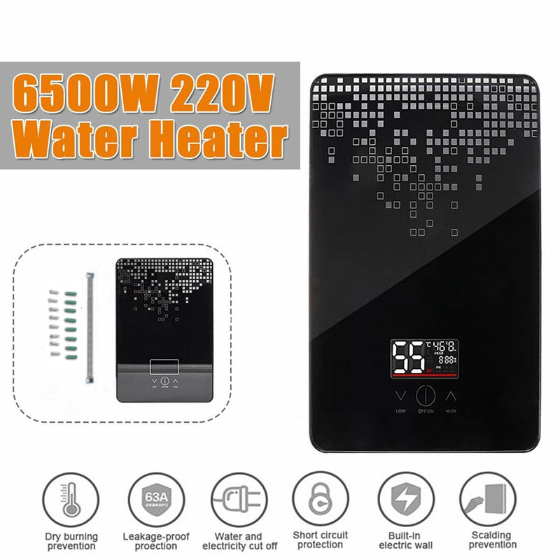 6500W Electric Hot Water Heater 220V Tankless Instant Boiler Bathroom Tankless Shower Set Thermostat Safe Intelligent Automatica