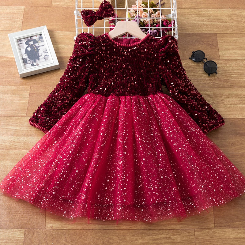 Spring Sequins Dress Kids Clothes Girls Elegant Formal Ball Gown For Girls Child Party Prom Dress Tulle Tutu Princess Dress 3-8Y