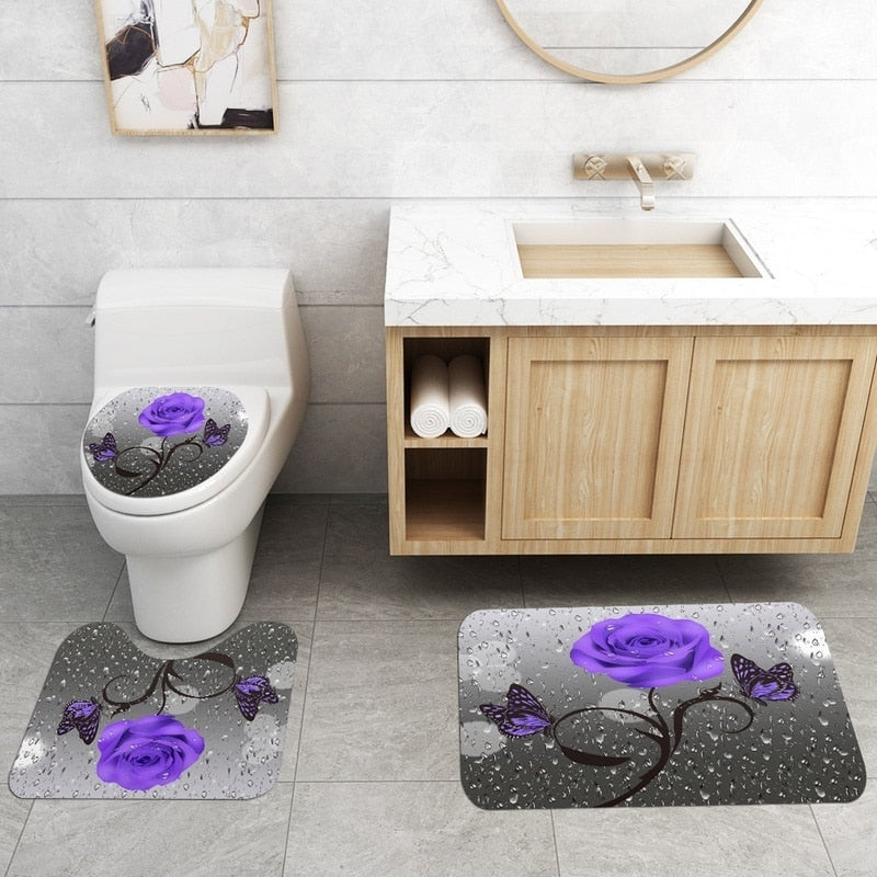 Blooming Flowers Rose Butterfly Shower Curtain Set Waterproof Bathroom Toilet Seat Cover Bath Non-Slip Mat Rug Carpet Bath Decor