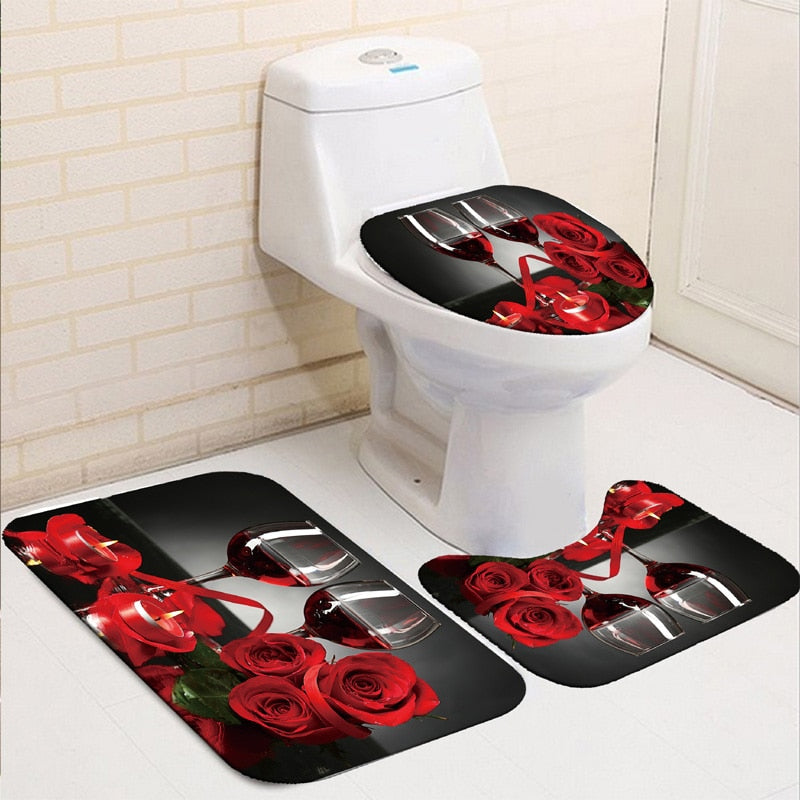 Blooming Flowers Rose Butterfly Shower Curtain Set Waterproof Bathroom Toilet Seat Cover Bath Non-Slip Mat Rug Carpet Bath Decor