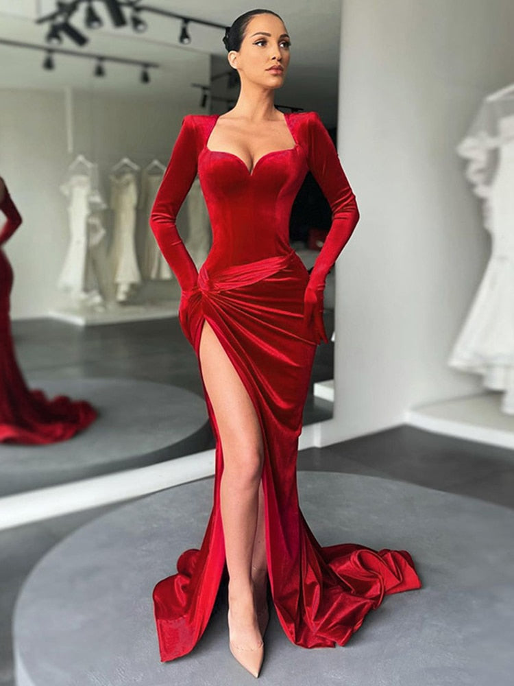 Cryptographic Elegant Gown Long Dress Evening Club Outfits for Women Gloves Sleeve Velvet Sexy Slit Maxi Dresses Ruched Dresses