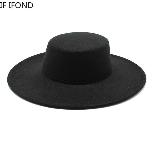 French Women's Hat Big Wide Brim 10CM Fedora Hat Winter Wool Derby Wedding Jazz Hats Flat Top Felt Hat