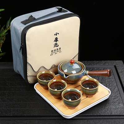 Porcelain Chinese Gongfu Tea Set Portable Teapot Set with 360 Rotation Tea Maker and Infuser Portable All in One Gift Bag