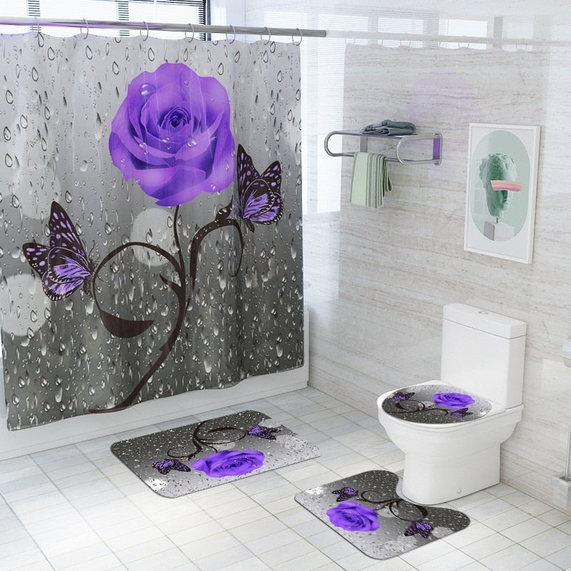 Blooming Flowers Rose Butterfly Shower Curtain Set Waterproof Bathroom Toilet Seat Cover Bath Non-Slip Mat Rug Carpet Bath Decor