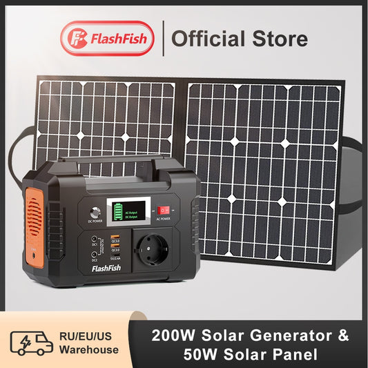 FF Flashfish Portable Power Station 200W 151Wh Solar Generator with Solar Panel 18V 50W, 230V Pure Sine Wave Power Outage SOS