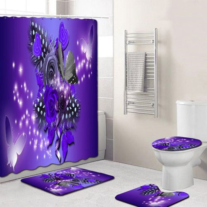 Blooming Flowers Rose Butterfly Shower Curtain Set Waterproof Bathroom Toilet Seat Cover Bath Non-Slip Mat Rug Carpet Bath Decor