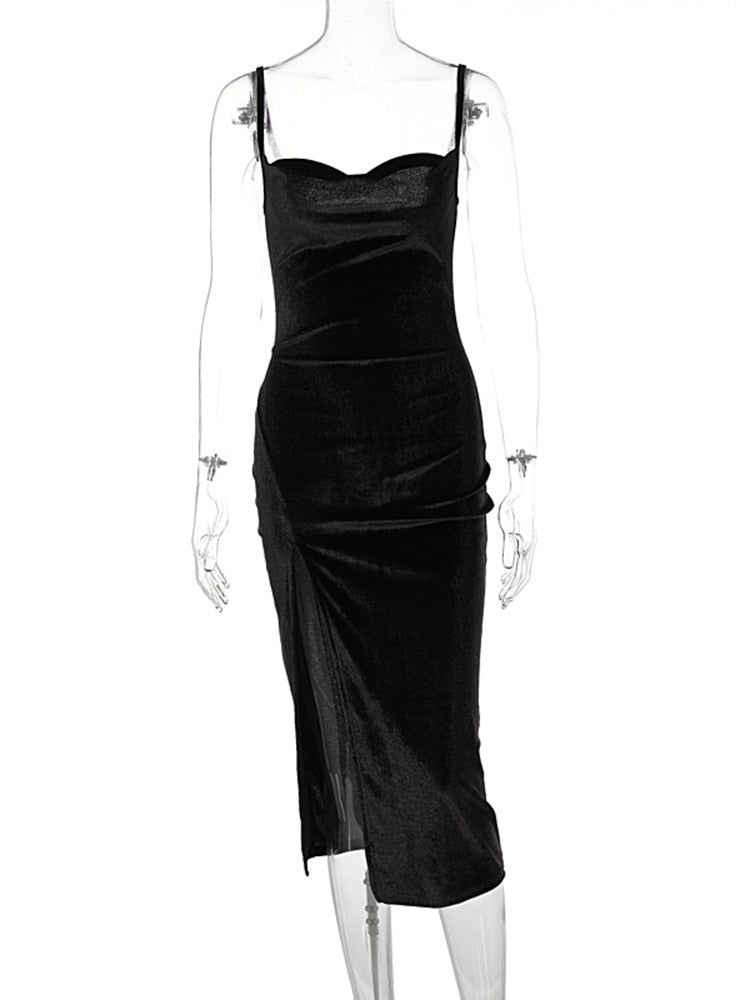 Hugcitar Velvet Swing Collar Sleeveless Slip Sexy Slit Maxi Dress 2022 New Fashion Evening Party Women Elegant Streetwear Y2K