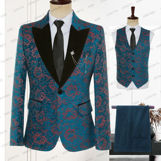 2023 Suit Men Business Wedding Dress Blue Red Jacquard Black Velvet Lapel Banquet High End Slim Fit Jacket Vest Pants 3 Pcs Set