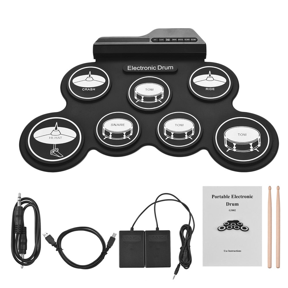 Digital Electronic Drum Set With Drumsticks Foot Pedals 7 Pads USB Portable Roll Up Silicone Drum Kit for Beginners Music Lovers