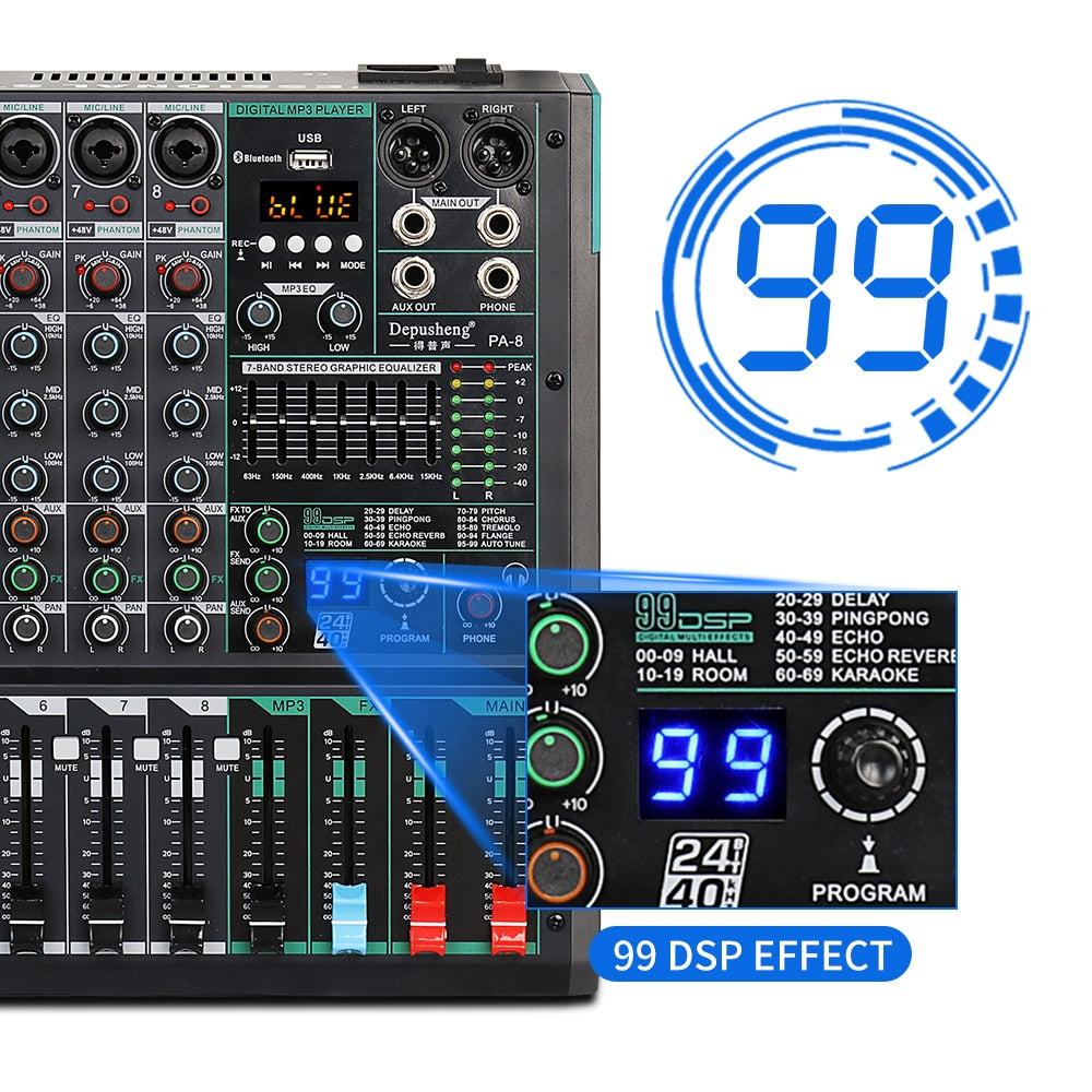 Professional Audio Mixer Depusheng PA8 Sound Board Console Desk System Interface 8 Channel Built-in 99 Reverb Effect