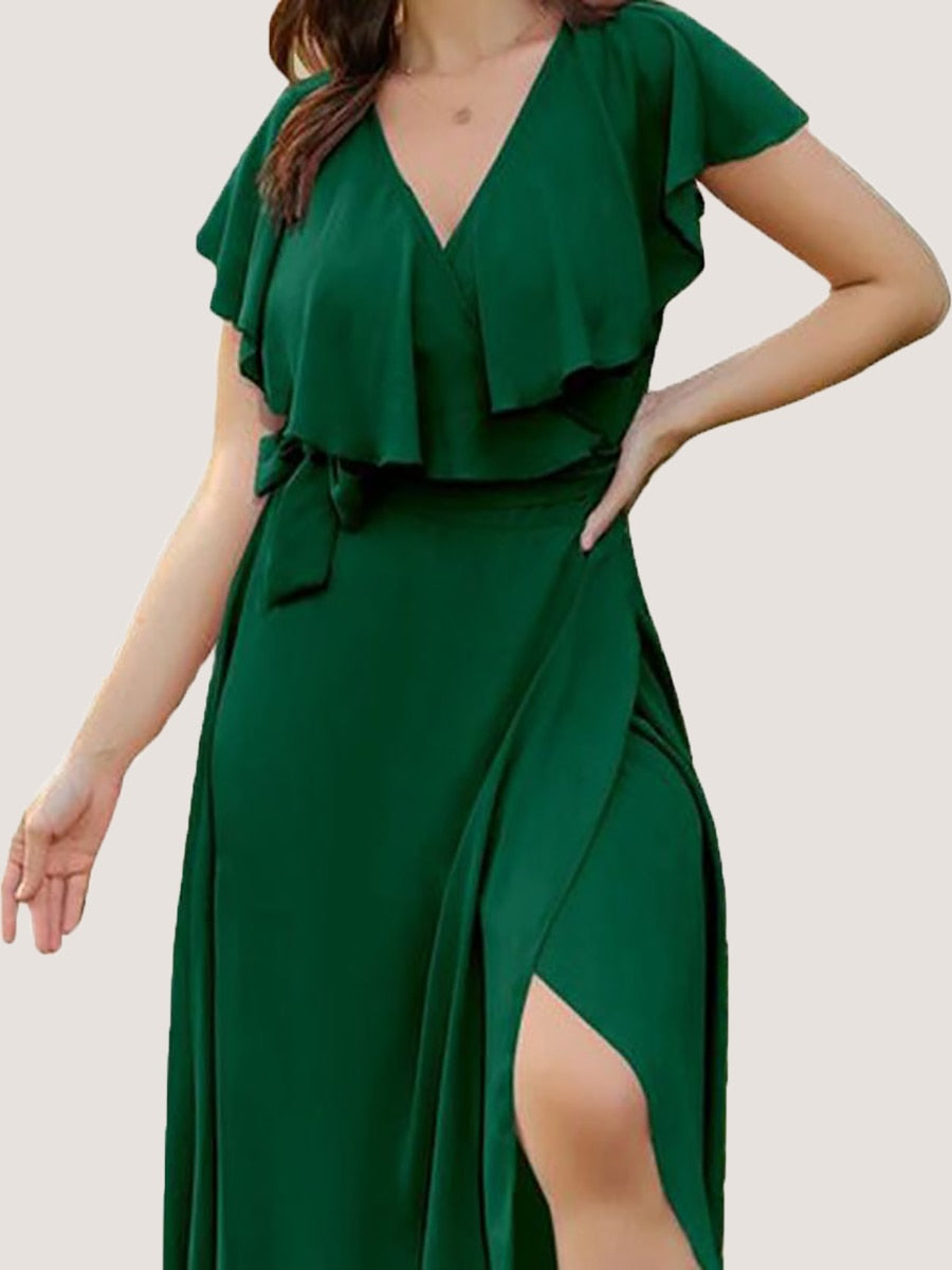 Finjani Party Dresses For Women 2022 Plus Size Summer Midi Dress V-Neck Solid Ruffle Sleeve Belted Wrap Dress