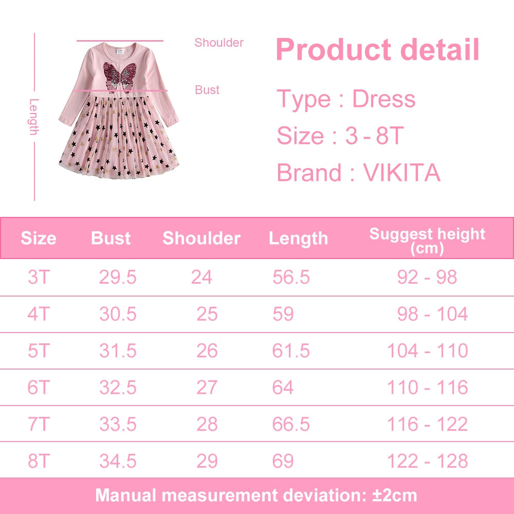 VIKITA Kids Dresses for Girls Long Sleeve Butterfly Girls Snowflake Sequins Costume Princess Dress Kids Daily Clothes