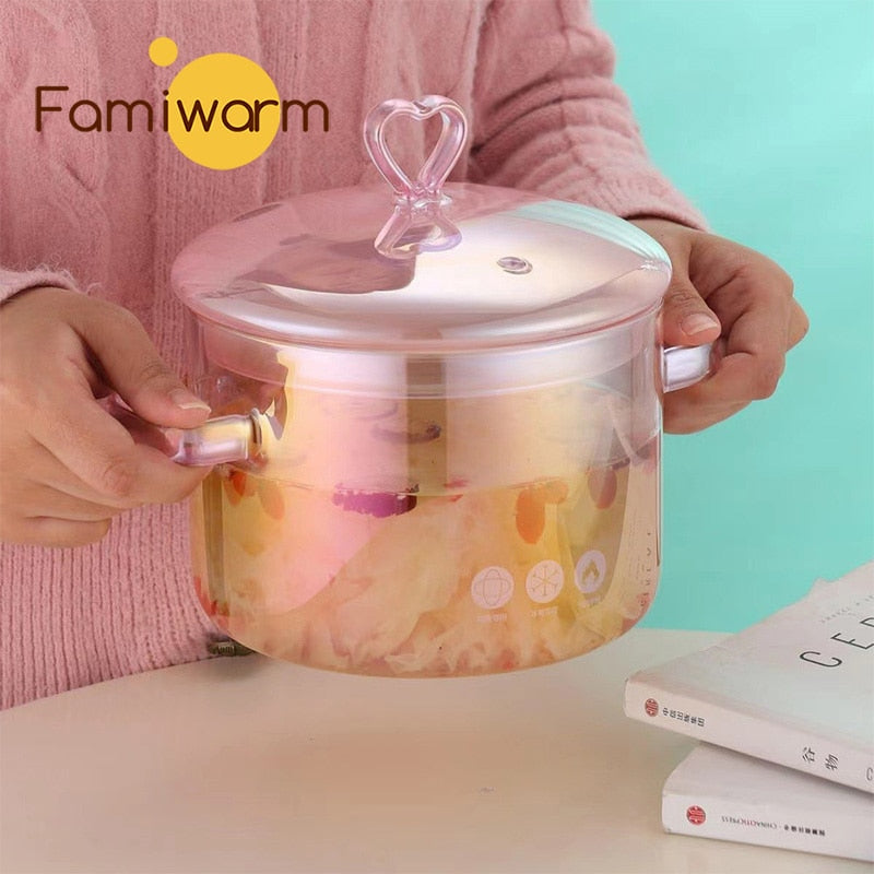 INS Cute High-value Love Pink Glass Pan High Borosilicate Heat-resistant Binaural Soup Pot Open Fire Instant Noodle Cooking Pot