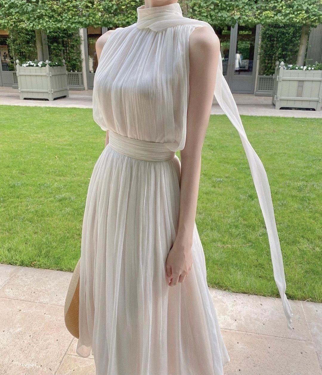 Summer Elegant Women&#39;s Long Dress Gentle High Collar Sleeveless Solid Chiffion Midi Dress Fashion Sexy Korea Sundress Plus Size