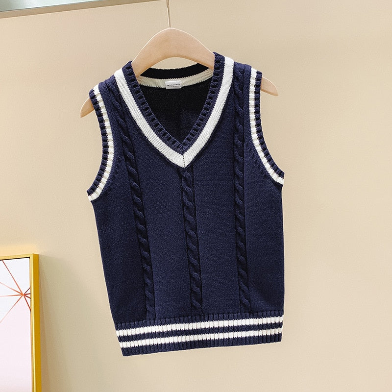 Children's School Uniform Vest Kids Knitted Pullover Outerwear Coat For Teen Boys Girls 4 6 8 10 12 14 Years Waistcoat