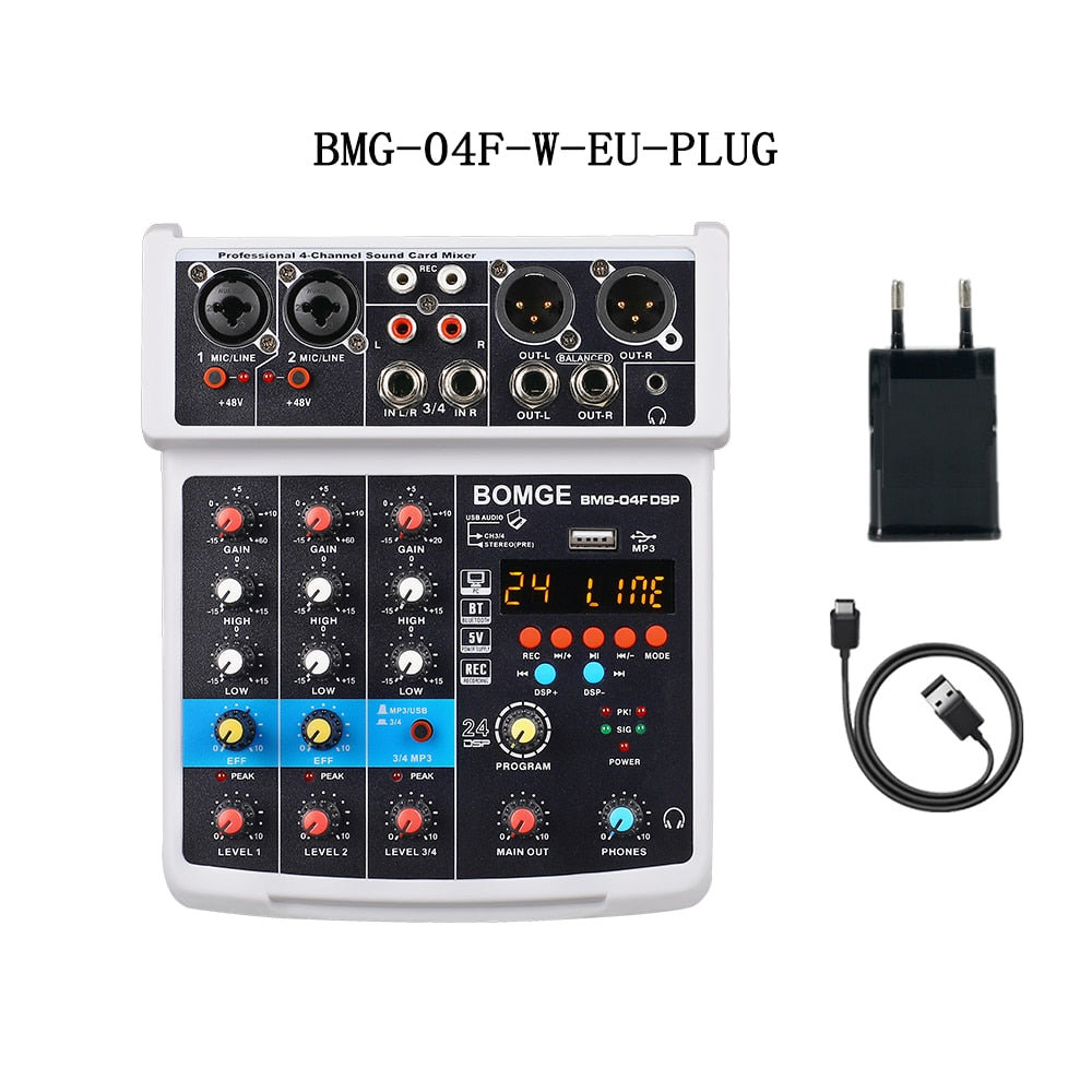 4 Channels Audio Sound Mixer Mixing DJ Console USB with 48V Phantom Power 16 DSP Effects