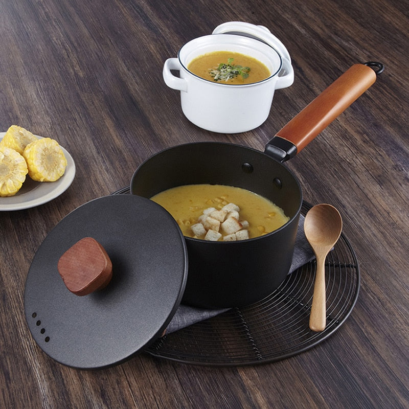 16cm Cast Iron Saucepan, Nonstick Sauce Pan Small Pot with Lid, Solid Wood Handle, 2L Saucepan, Small Pot with Lid for Cooking
