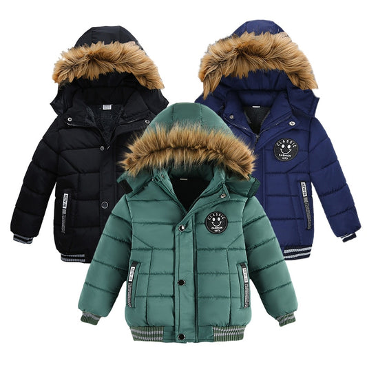 Autumn Winter Keep Warm Hooded Boys Jacket Fashion Fur Collar Heavy Cotton Outerwear For Kids 2-6Years Children Windbreaker Coat