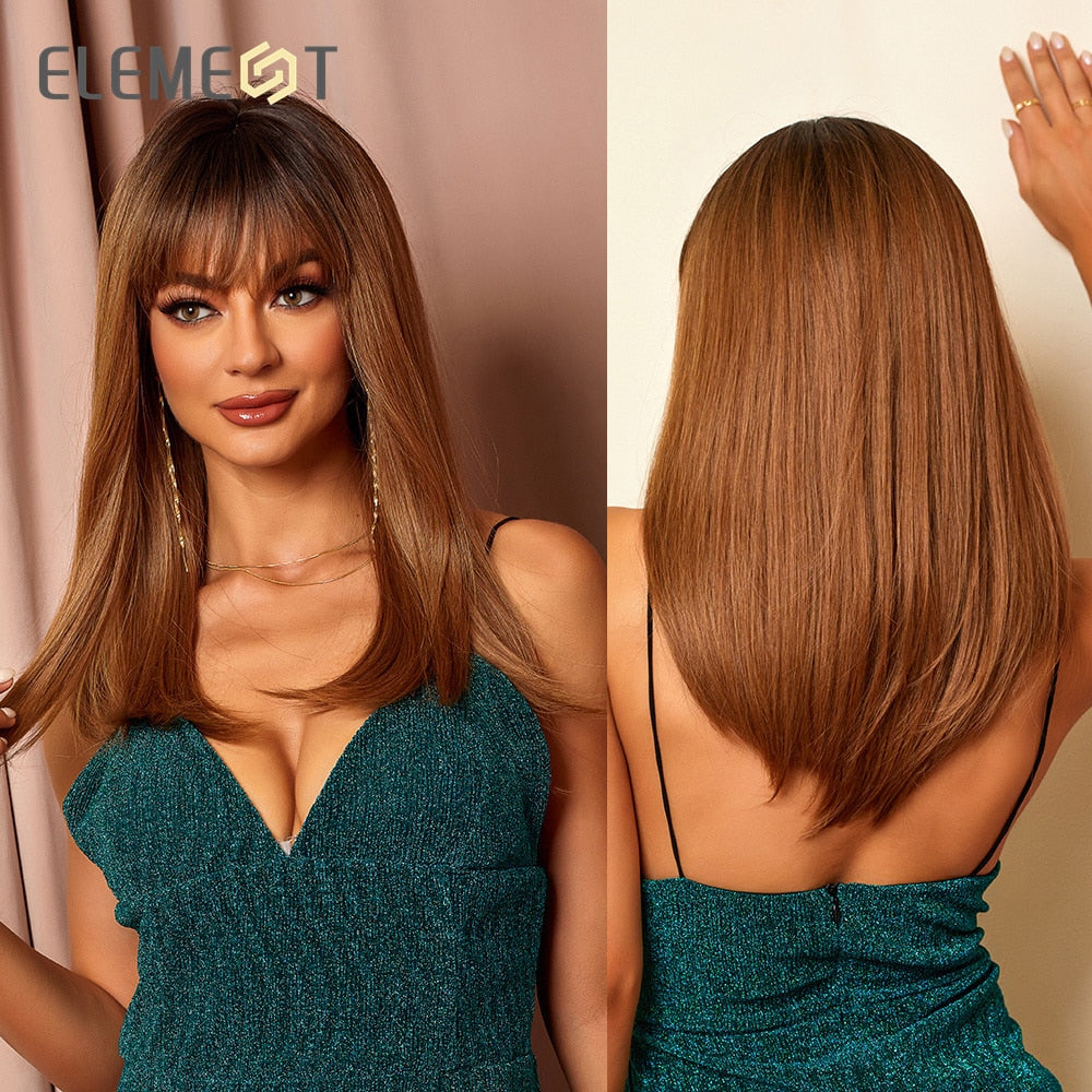 Element Synthetic Fiber Wigs for Women Long Straight Wavy Brown Blonde Wig with Bangs Heat Resistant Fashion Natural Daily Party