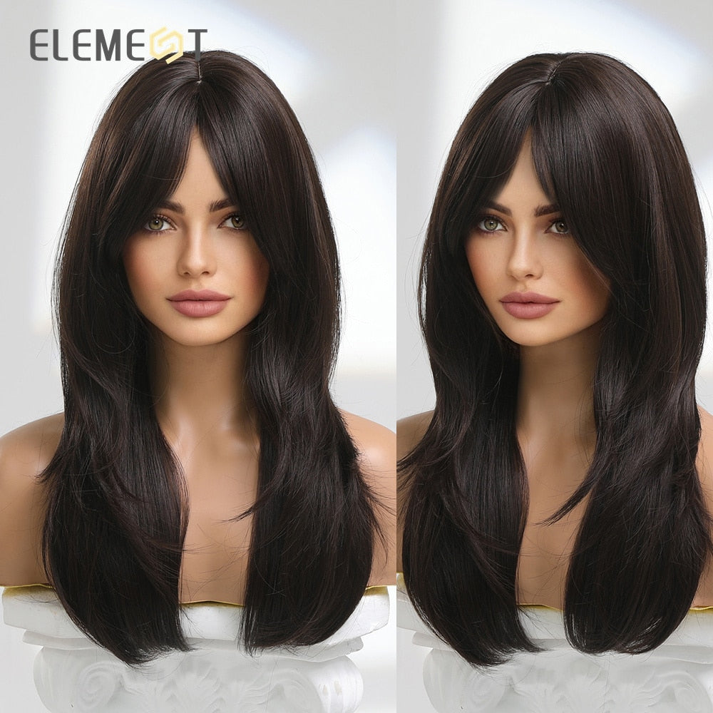 Element Synthetic Fiber Wigs for Women Long Straight Wavy Brown Blonde Wig with Bangs Heat Resistant Fashion Natural Daily Party