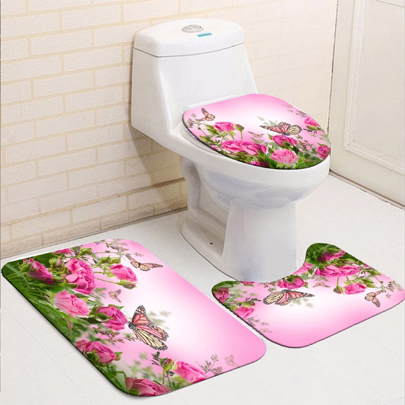 Blooming Flowers Rose Butterfly Shower Curtain Set Waterproof Bathroom Toilet Seat Cover Bath Non-Slip Mat Rug Carpet Bath Decor