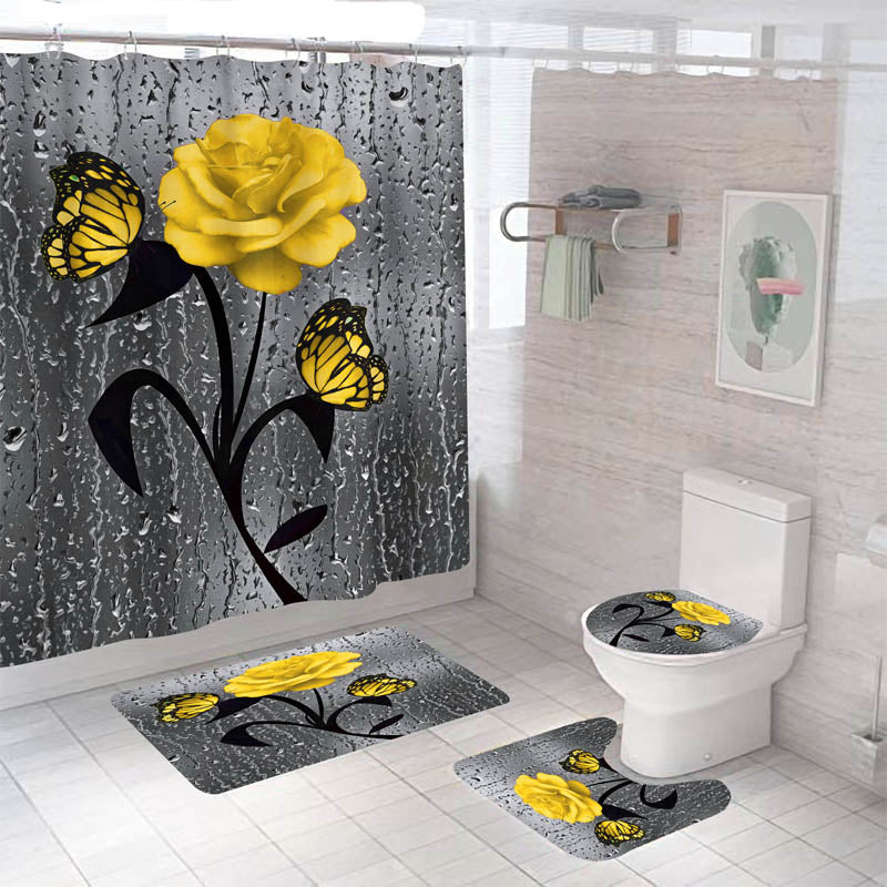 Blooming Flowers Rose Butterfly Shower Curtain Set Waterproof Bathroom Toilet Seat Cover Bath Non-Slip Mat Rug Carpet Bath Decor