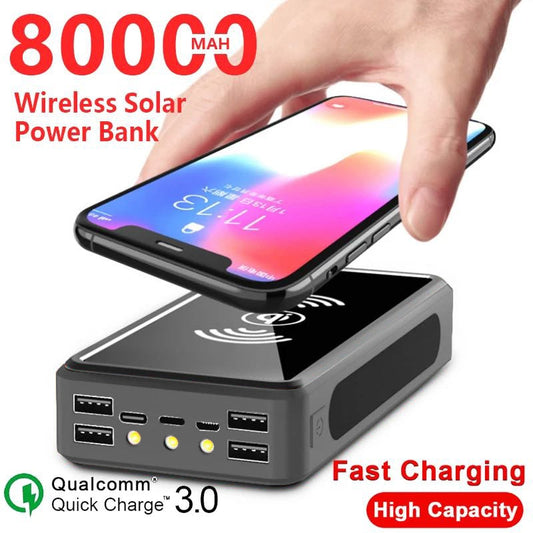 Solar Wireless Power Bank Portable 80000mAh Charger 4USB External Battery Flashlight for Xiaomi iPhone Samsung