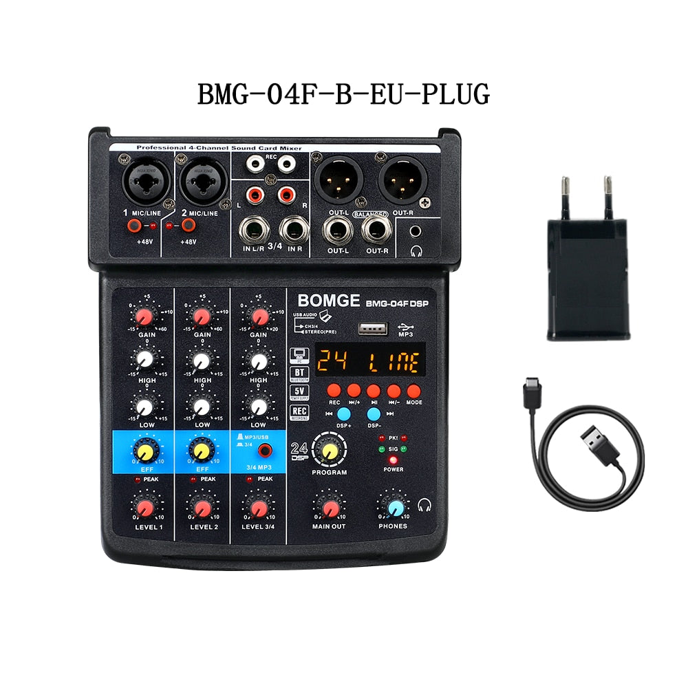 4 Channels Audio Sound Mixer Mixing DJ Console USB with 48V Phantom Power 16 DSP Effects