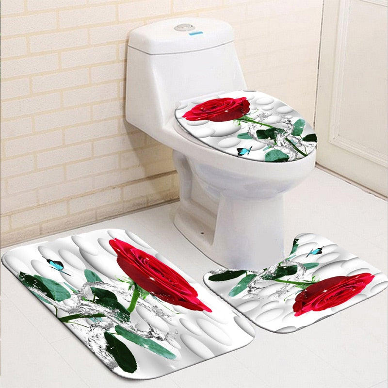 Blooming Flowers Rose Butterfly Shower Curtain Set Waterproof Bathroom Toilet Seat Cover Bath Non-Slip Mat Rug Carpet Bath Decor